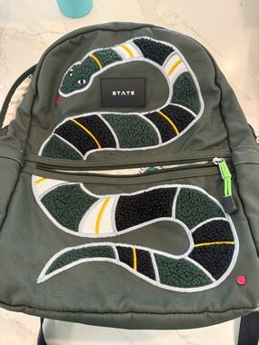 STATE Olive Green Backpack with Planet Liner Print
